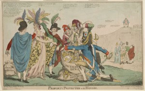 A British satirical drawing about Franco-American relations after the XYZ Affair in May 1798 depicts five Frenchmen plundering female "America," while five figures representing other European countries look on.