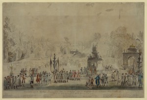 A engraving by Francesco Piranesi (1758-1810) shows the celebration which was held after the Treaty of Mortefontaine was signed in the Gardens of the castle of Mortefontaine.