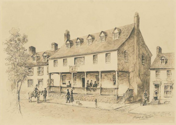 A sketch of the Tun Tavern, as it stood in 1780. There are people on the stairs outside, as well as others walking down the street
