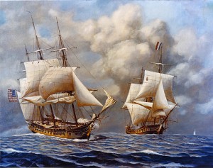 This scene painted by Rear Admiral John William Schmidt (Ret.) (1906-1981) depicting the action of February 9, 1799, when the USS Constellation, commanded by Captain Thomas Truxtun, captured the French frigate L'Insurgente.
