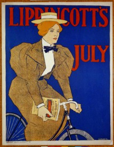 A color painting of a woman on a bicycle carrying a magazine with