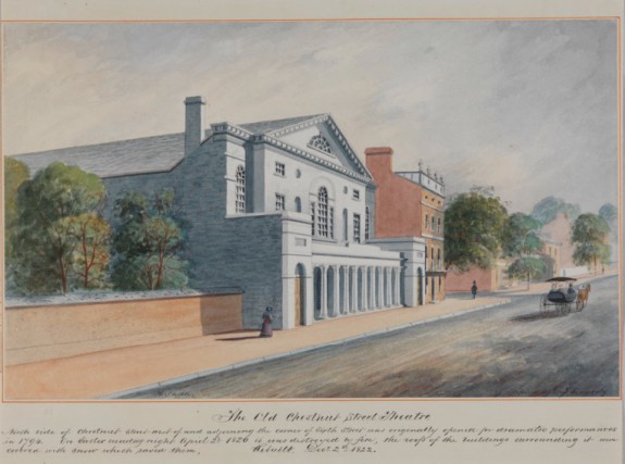 watercolor painting of the chestnut street theater from the outside, from a vantage point across the street diagonal from the building. A buggy is seen approaching in the distance