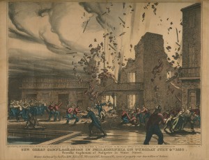 A print of a gunpowder explosion that occurred in Philadelphia in July of 1856.