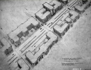 a drawing showing the proposed widening of Vine Street in 1947's Better Philadelphia Exhibit