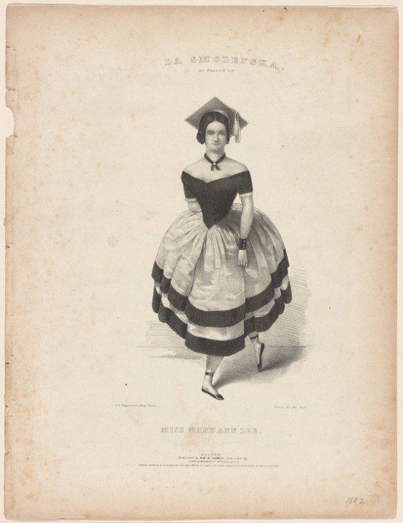 A drawing of Mary Ann Lee, who is centered on an otherwise plank piece of paper. She is dressed to dance La Smolenska and wears an off the shoulder dark top, a light colored full skirt with two dark stripes on the hem, and a motorboard on her head.