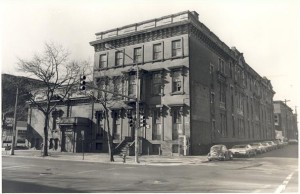 a black and white photograph of the Edwin Forrest estate showing the house and the theater addition