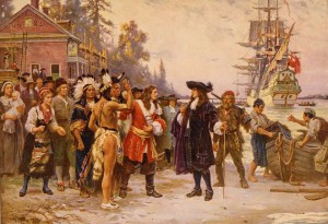 Color print of a drawing depicting Penn's landing in Philadelphia. The Englishman is greeted by a group of men, women, and children who are a mix of European colonists and Native Americans.