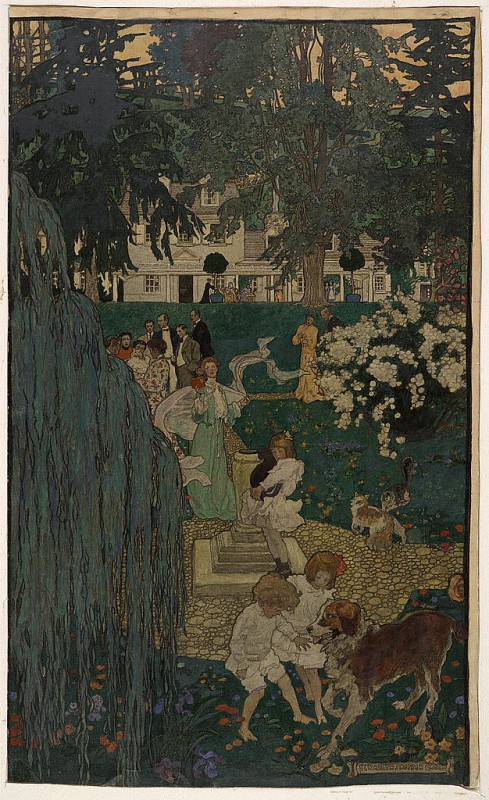 An illustration by one of the Red Rose Girls, Elizabeth Shippen Green, depicts the artists on the grounds of the Red Rose Inn. (Library of Congress) 