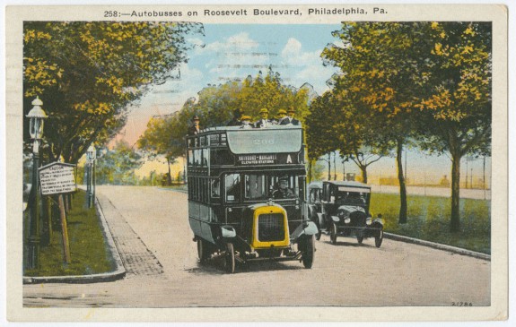 Postcard depicting bus on Roosevelt Boulevard.