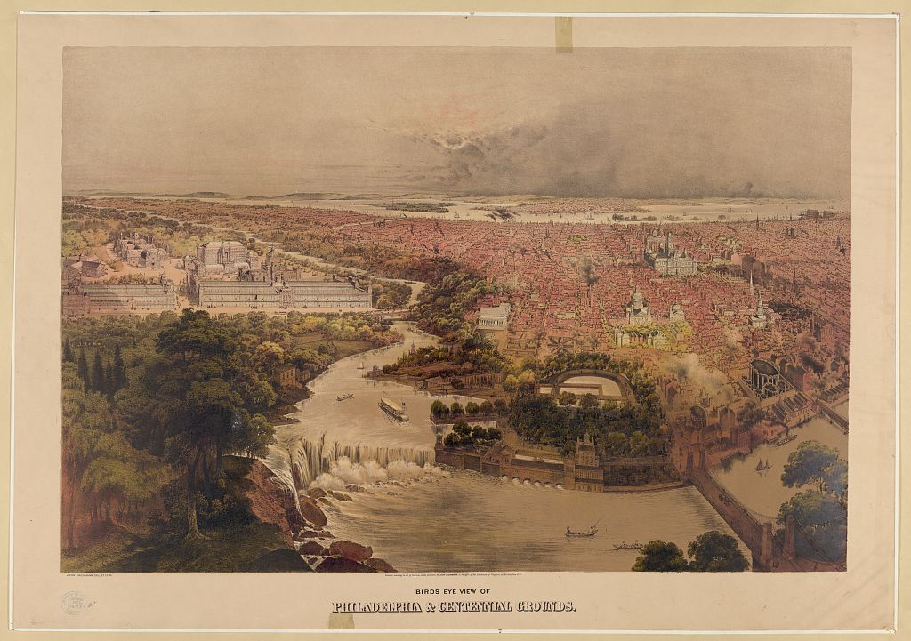 A postcard image of Philadelphia showing Fairmount Park, the Centennial Grounds, and the Fairmount Water Works in 1876
