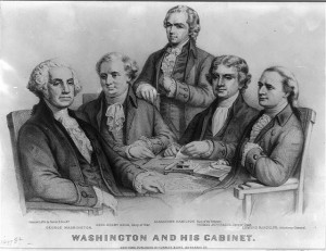 black and white lithograph depicting president washington and his four person cabinet, steated around a table. The president is seated to the left of the photo and is seated. only alexander hamilton, in the middle, is standing.