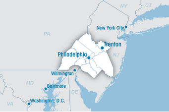 Map showing the region covered by the Delaware Valley Regional Planning Commission
