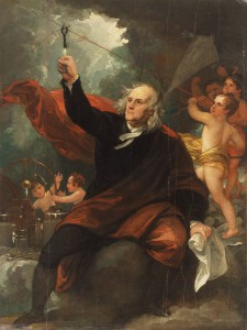 A celebratory portrait of Benjamin Franklin celebrating his scientific accomplishments.