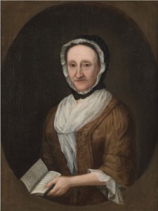 An eighteenth century style portait created by Gustavus Hesselius depicting a woman.