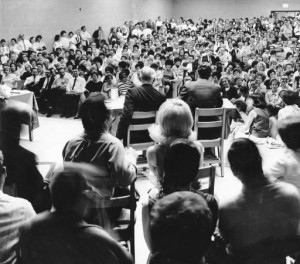 An overflow audience at a 1968 school board meeting regarding busing to public schools.