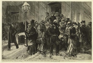 Drawing of a group of vagrants leaving a New York police Station.