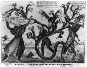 An 1836 satirical cartoon of Andrew Jackson's campaign to destroy the Bank of the United States and its support among state banks depicts Jackson, Martin Van Buren, and Jack Downing’s struggle against a snake with heads representing the states.