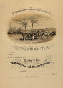 A membership certificate for the Pennsylvania Colonization Society, an organization that supported the colonization movement. (Library Company of Philadelphia)