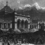 woodcut engraving of memorial hall in 1876. The building has a domed center and arched door ways leading to the center entrace. a large crowd is gathered around the grounds looking to the stairs of the building