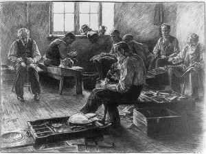 Illustration of the shoemaker's room at the Philadelphia Almshouse during the 1870s.