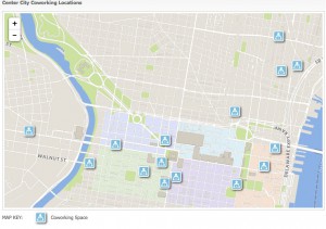 Map produced by the Center City District and Central PhiladelphiaDevelopment Corporation in 2015 shows some co-working locations in and around Center City. 