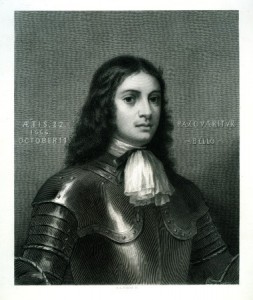 A black and white painted portrait of William Penn wearing armor