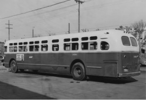 A black and white photo of a Philadelphia city bus from 1956.