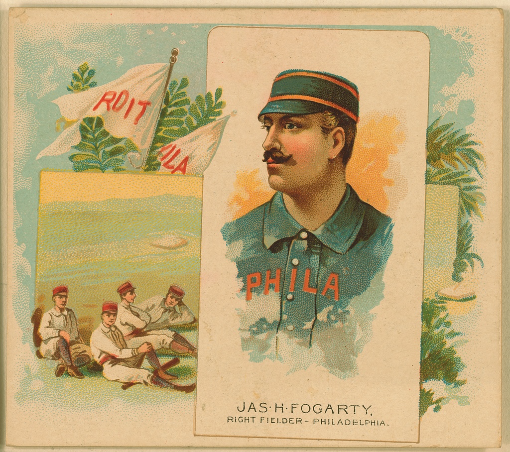 A baseball sports card featuring baseball play James Fogarty