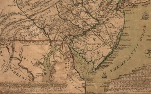 Detail from a 1749 map shows the area that later became Delaware, labeled Delaware Counties, in the center bottom portion.