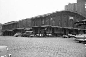 A black and white photograph of the former Dock Street Market seafood warehouse in Society Hill