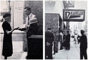 Black and White photographs depicting Janus Society member distributing leaflets and police officers arriving at the Seventeenth Street Dewey's restaurant.