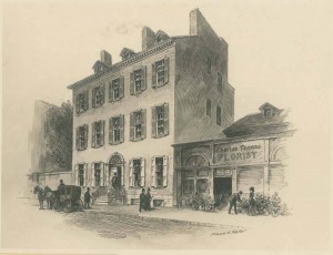 a black and white drawing of the first Union League headquarters on Chestnut Street