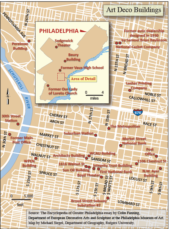 map showing Art Deco points of interest in the Phila area