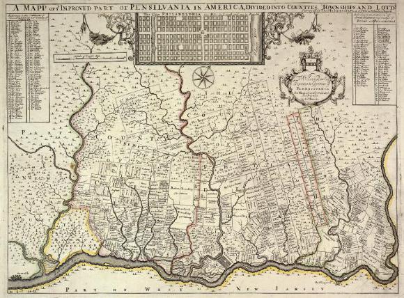 A map of Pennsylvania in 1687 showing land purchases and town and county borders