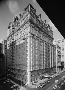 a black and white photograph of the Bellevue-Stratford Hotel as it appeared in 1976