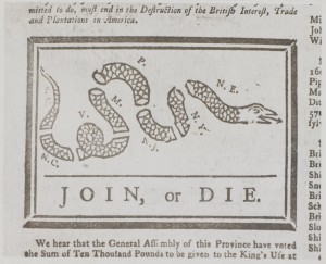 A political cartoon depicting a partially-coiled snake severed into eight pieces, each with letters beside it representing a colony name; beneath the image, the text "JOIN, OR DIE."