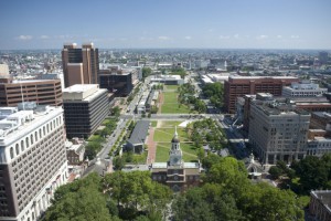 A color photograph of Independence Mall as viewed from above and behind Independence Hall