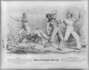 A black and white lithograph of four black men being ambushed by a crowd of white men