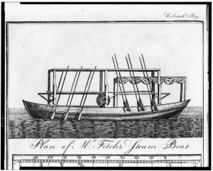 A black and white illustration of John Fitch's steamboat, showing oars along the sides and the piston that rowed them