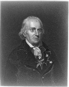 A black and white engraving of William Bartram with a sprig of jasmine tucked into his jacket