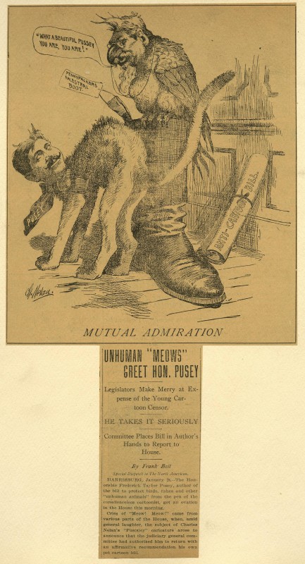 A political cartoon featuring a Gov. Pennypacker-faced parrot and a cut with the face of Rep. Pusey. The cat is rubbing himself against the boot the parrot is perched upon, and the 