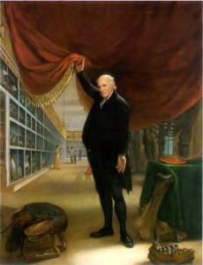 A painted self-portrait of Charles Willson Peale holding open a red curtain at the entrance of his Philadelphia Museum, exposing people browsing preserved specimens on shelves on the walls