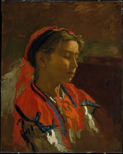 A colorful painted portrait of a woman in red and white, from the side. Expressionist-like brushstrokes capture the folds of her clothing and a plume of feathers traveling backward from her hat. The background is a warm brown tone of blurred, implied objects.