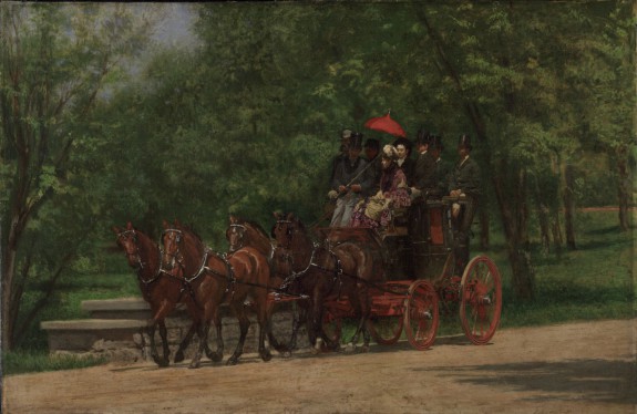 Seven people and a driver sit in a red coach driven by four brown horses. They're positioned on a path in Fairmount Park, surrounded by grass and trees. The lady wears a colorful dress and hat; the men all wear hats, the majority of which are top hats.