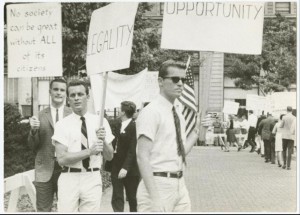 Black and white photograph of three men picketing for gay rights in front of Independence Hall.
