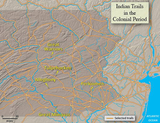 map showing Indian trails in the Colonial period. 