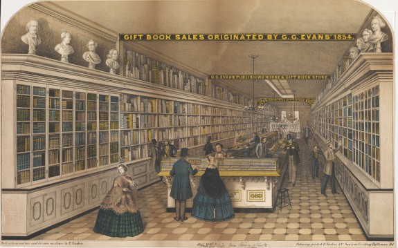 A colored illustration of the interior of George G. Evans gift book establishment. The interior is long and narrow, with book shelves lining each wall, packed tightly with books of various sizes and colors. Shoppers browse, wearing typical mid-nineteenth century garb.