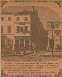 An illustration of W.A. Leary & Co.’s Cheap Book Store depicting the three-story building with book displays positioned in front, along with several shoppers; one shopper sits and reads while another crouches and browses through a box of books.
