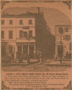 An illustration of W.A. Leary & Co.’s Cheap Book Store depicting the three-story building with book displays positioned in front, along with several shoppers; one shopper sits and reads while another crouches and browses through a box of books. 