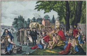 Color illustration of William Penn negotiating with Lenape Indians beneath a large elm tree.